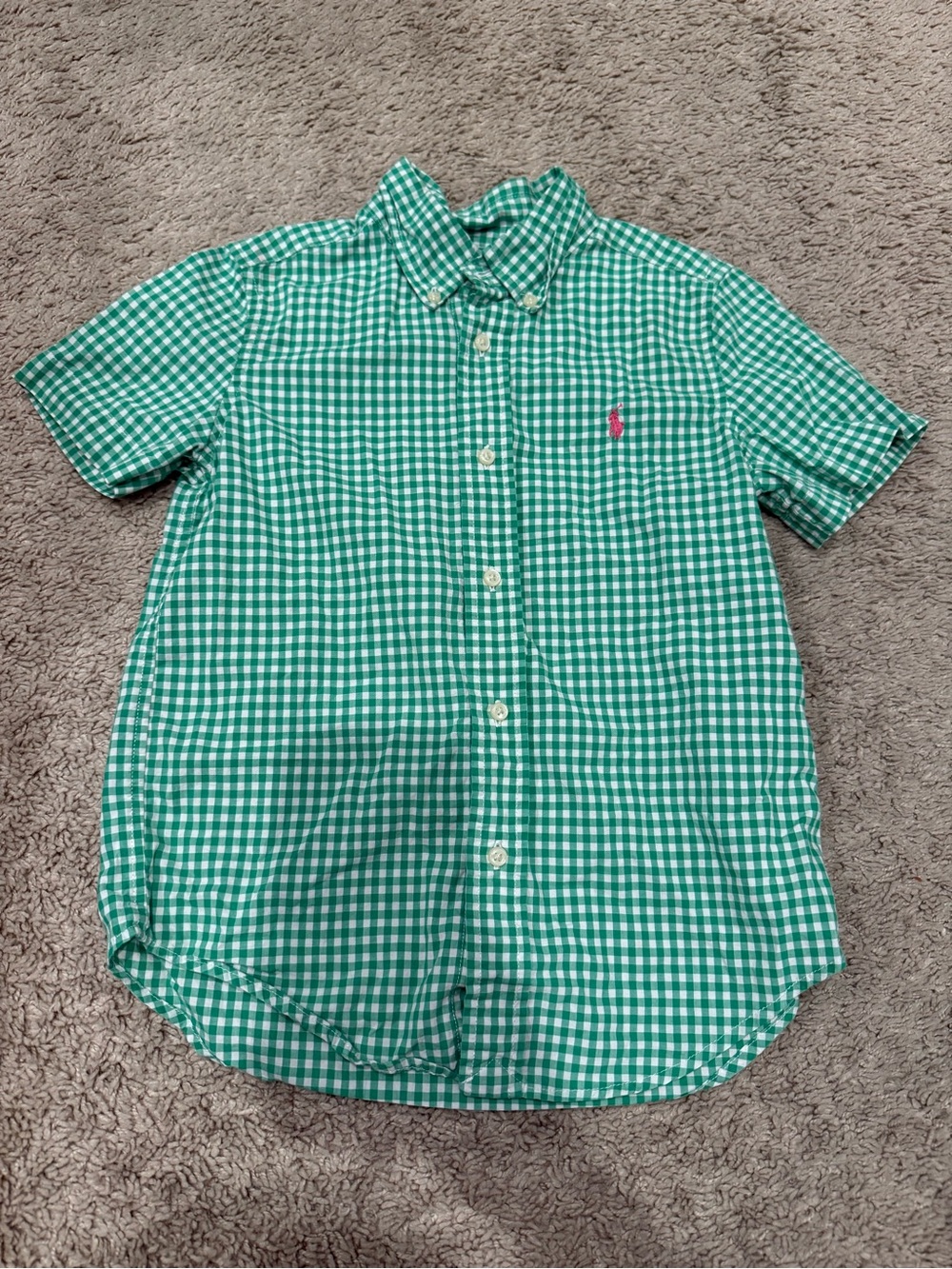Ralph Lauren Boys Green Gingham Button Down Shirt Size 5 Short Sleeve Pony Logo